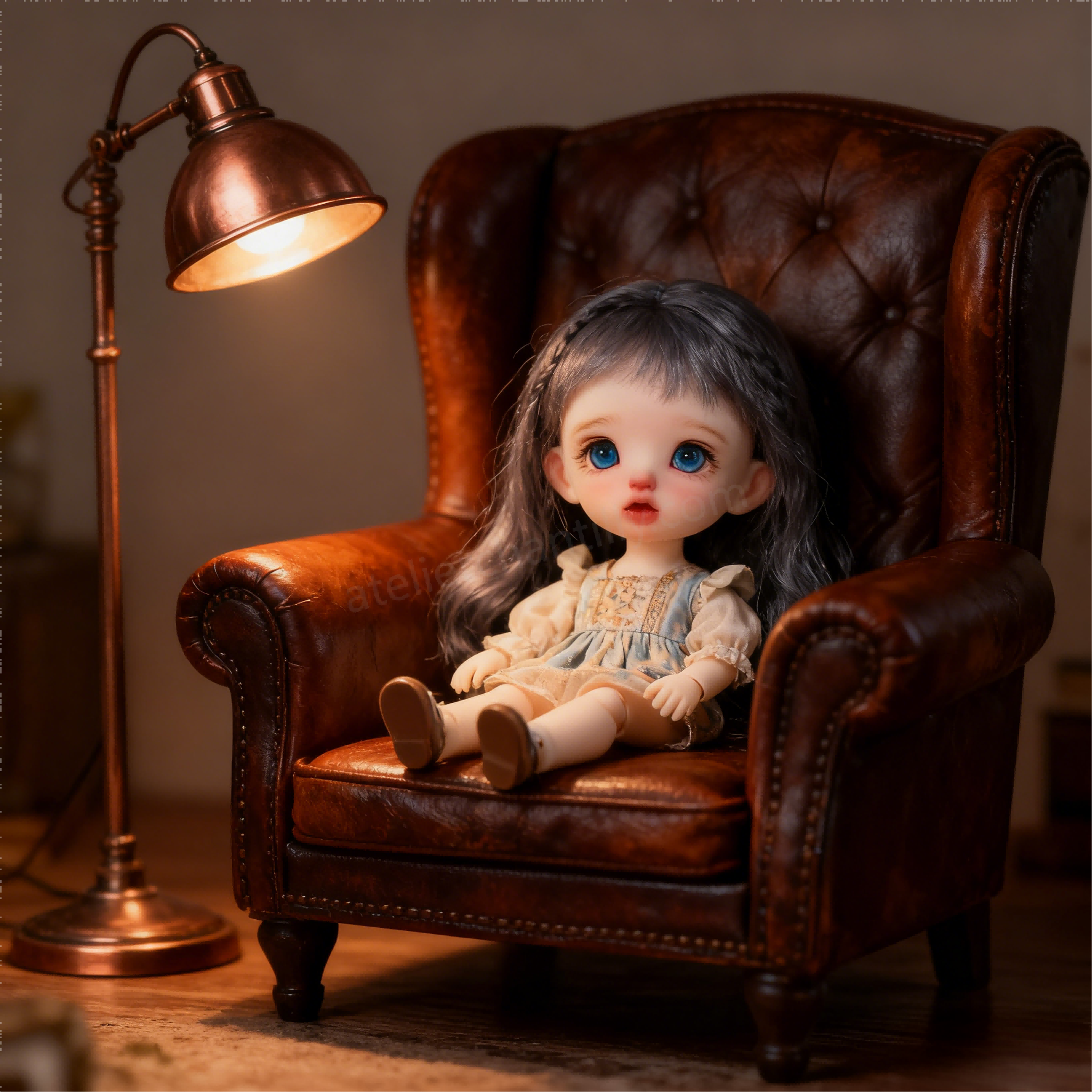 1/4 BJD Doll with Blue Glass Eyes in Vintage Leather Chair - atelierchantilly