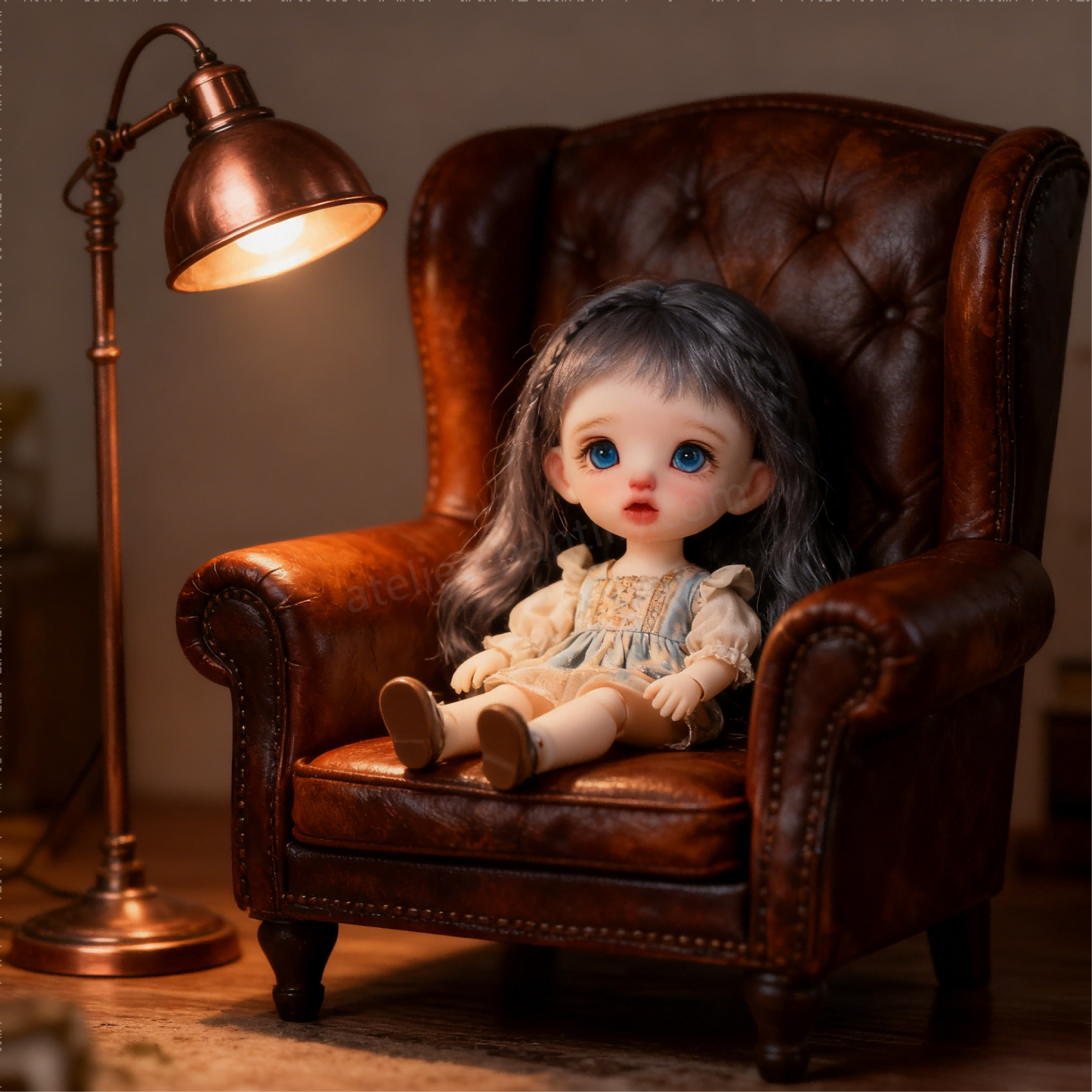 1/4 BJD Doll with Blue Glass Eyes in Vintage Leather Chair - atelierchantilly