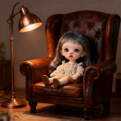1/4 BJD Doll with Blue Glass Eyes in Vintage Leather Chair - atelierchantilly