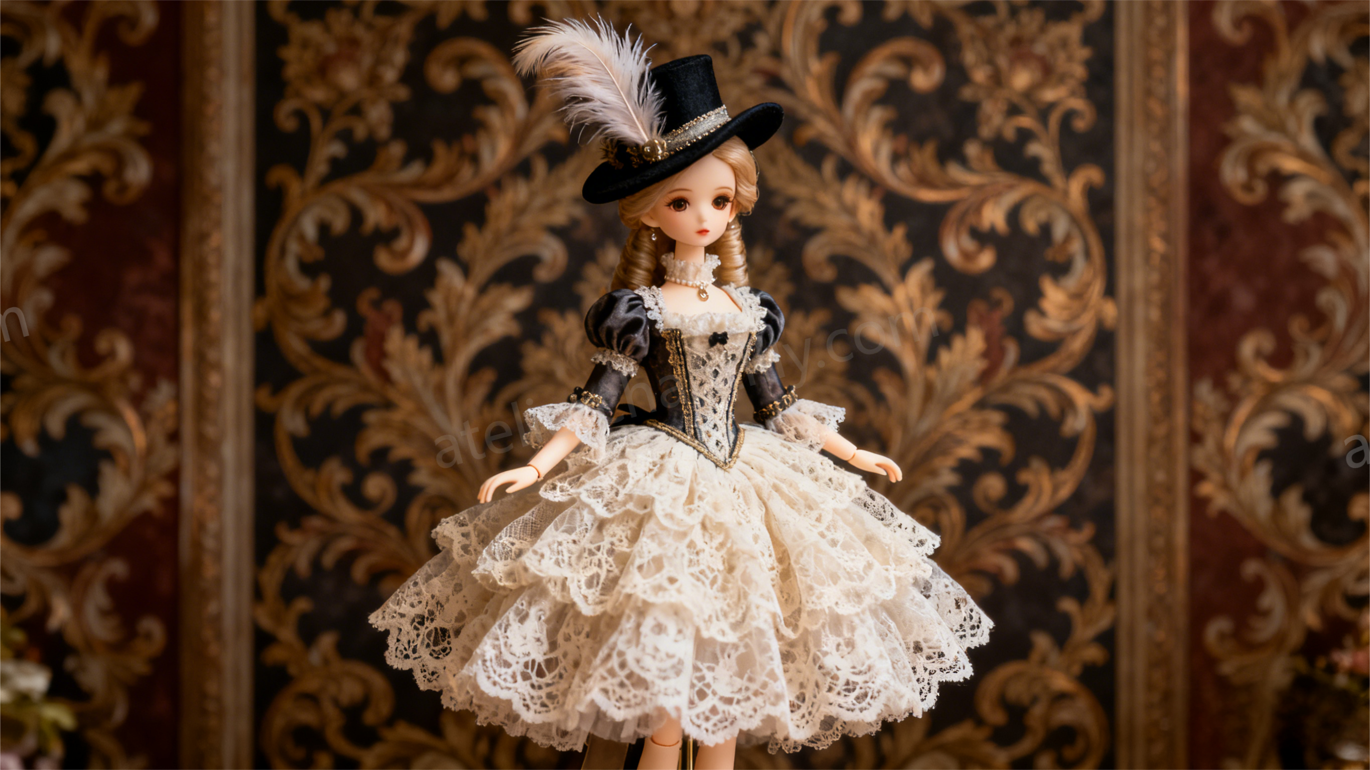 BJD vintage European photo shoot look - lace bonnet + satin dress, retro doll styling for photography