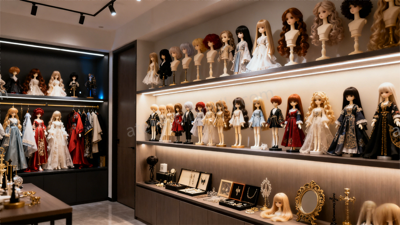 Organized BJD collection with dolls, wigs, outfits, and props