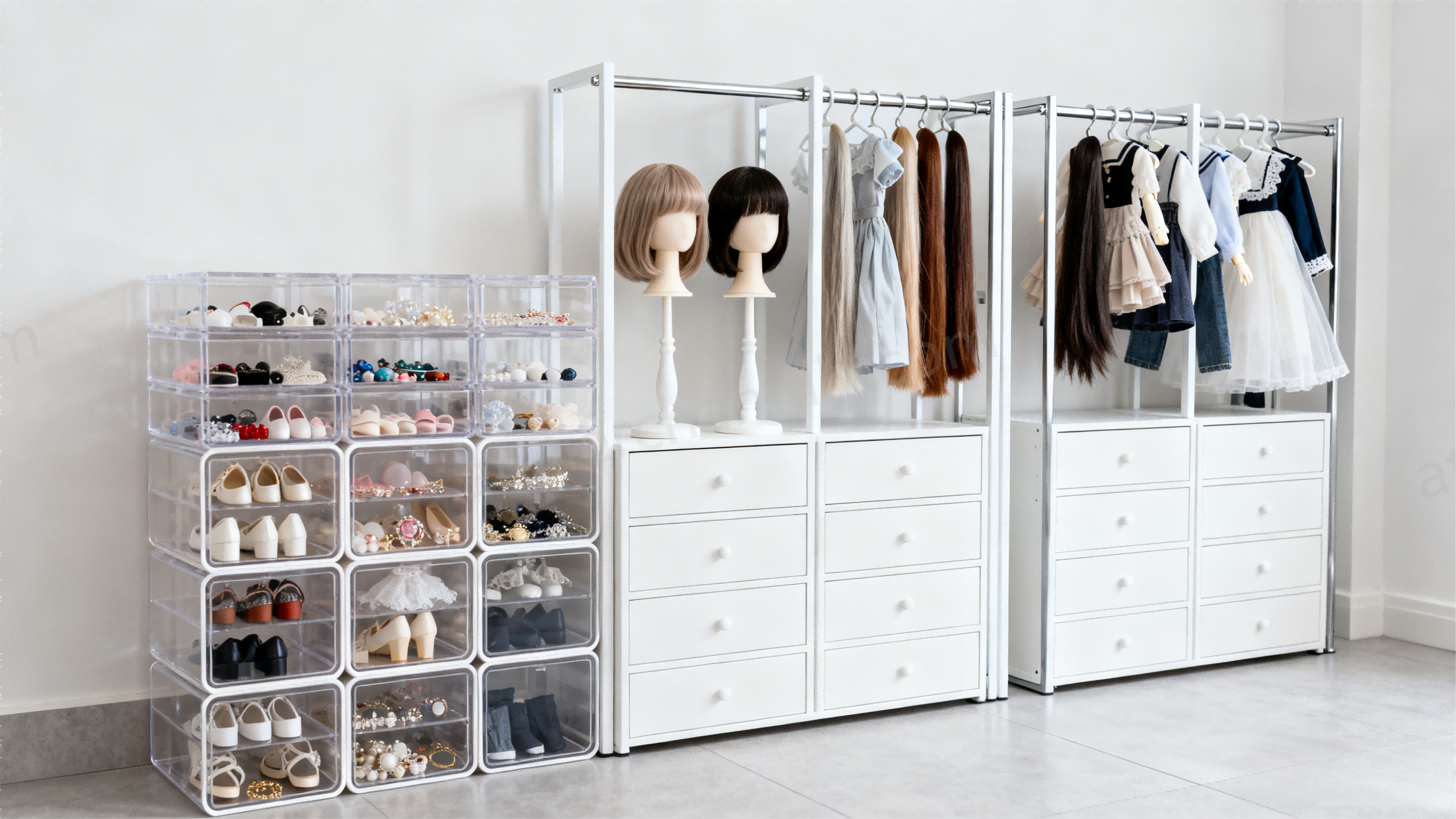 Organized BJD storage system for wigs, outfits, and accessories