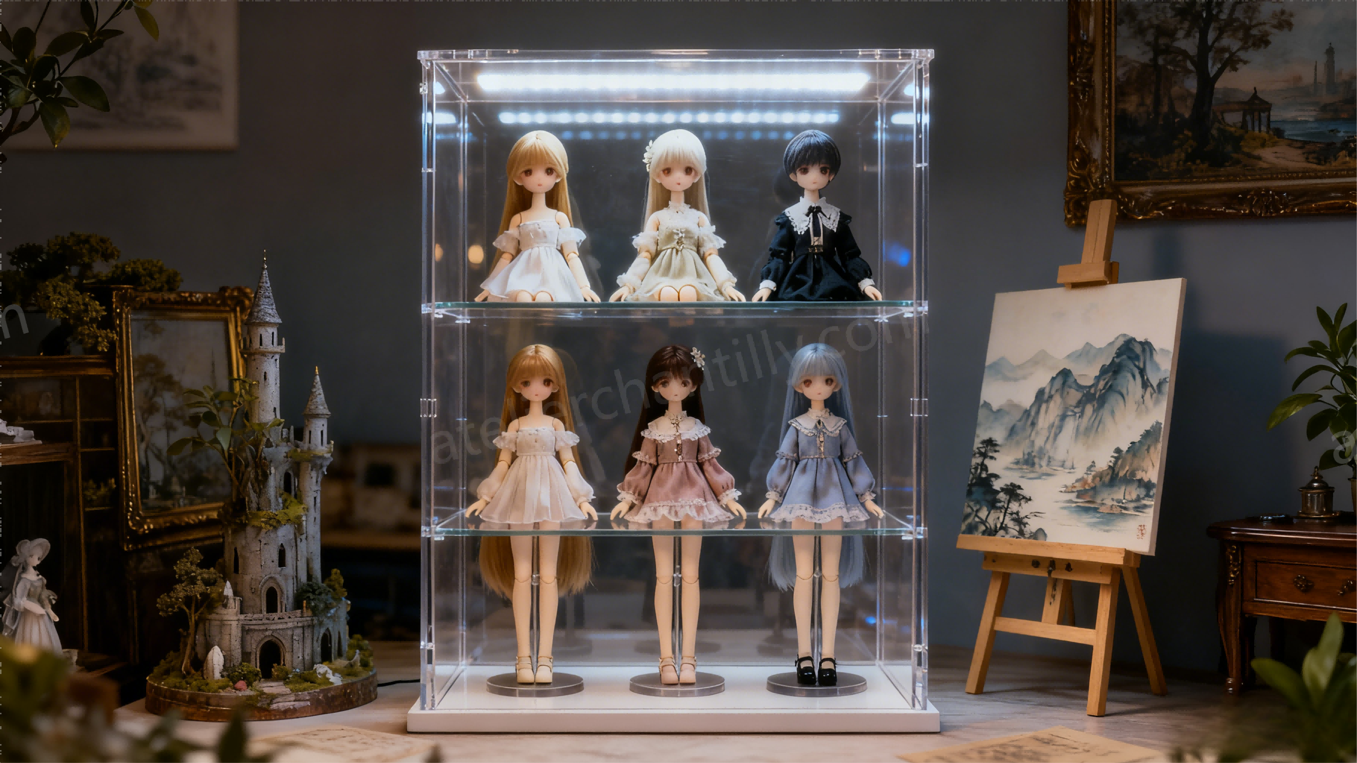 BJD dolls displayed beautifully with lighting and backgrounds