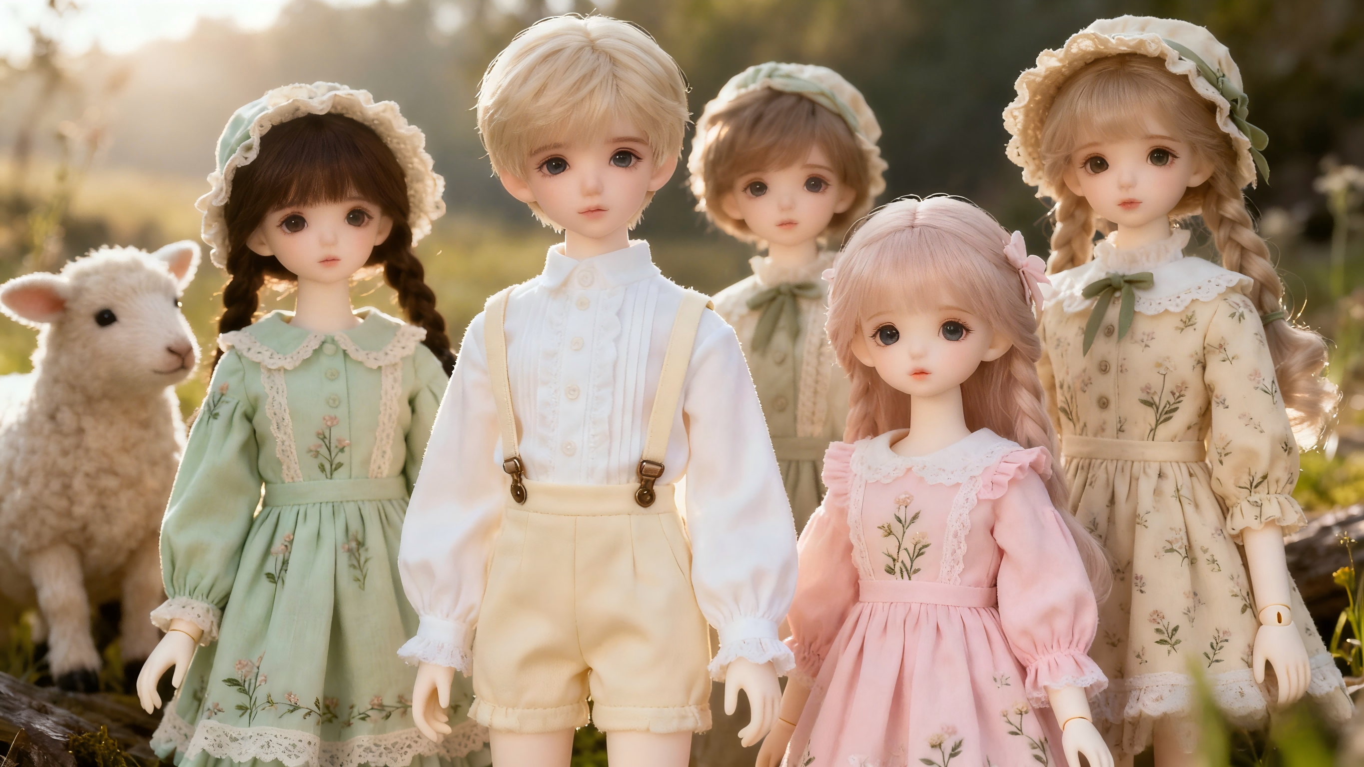 Cottagecore BJD outfits in soft pastel and earthy colors
