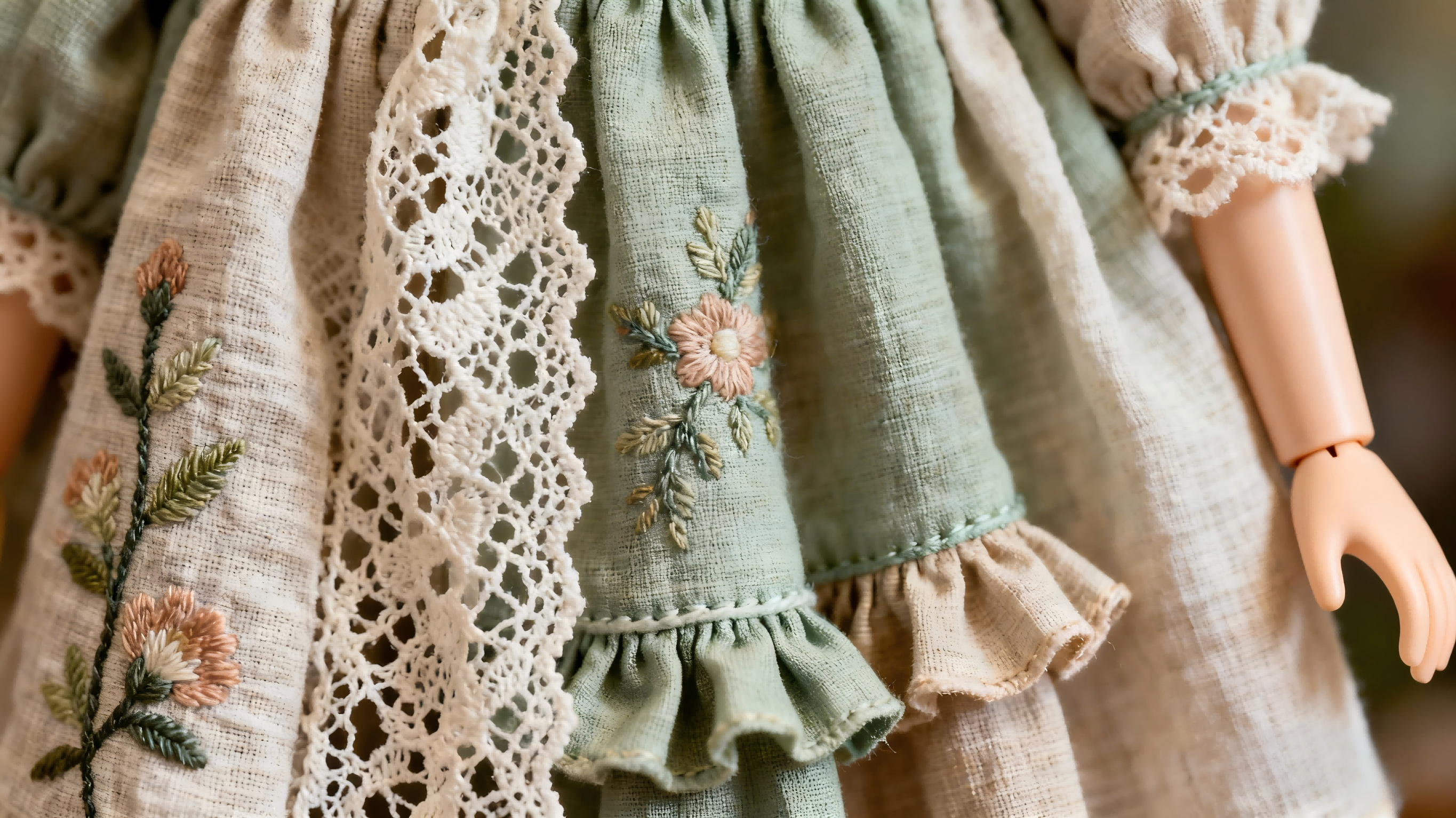Close-up of lace cotton fabric on cottagecore BJD clothes