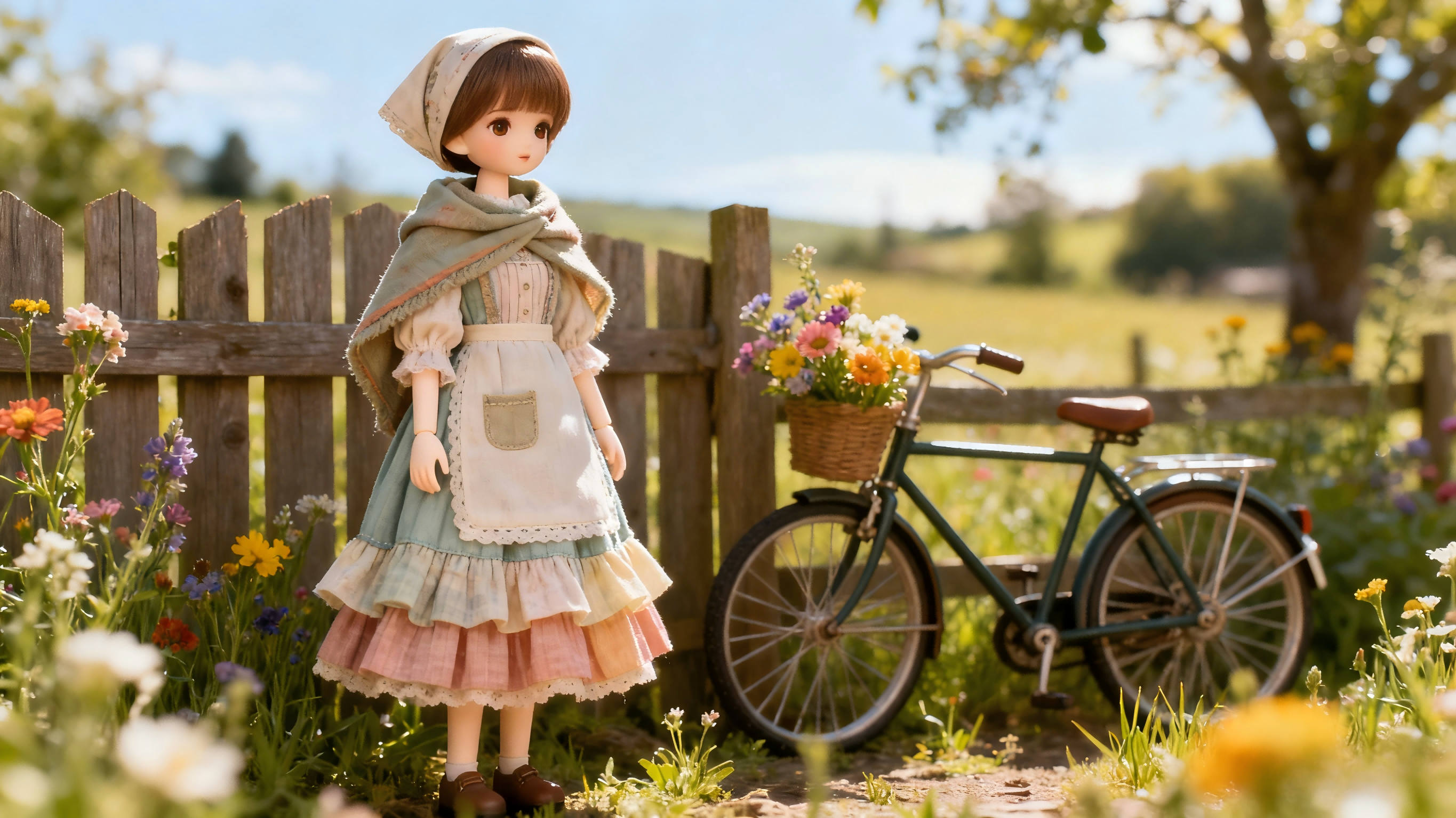 Layered cottagecore BJD outfit with apron and shawl