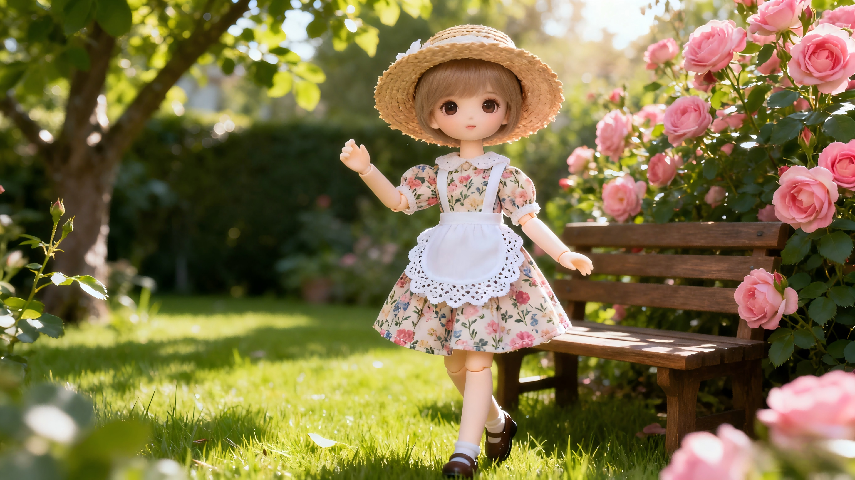 Cottagecore BJD posing in garden scene with soft outfit