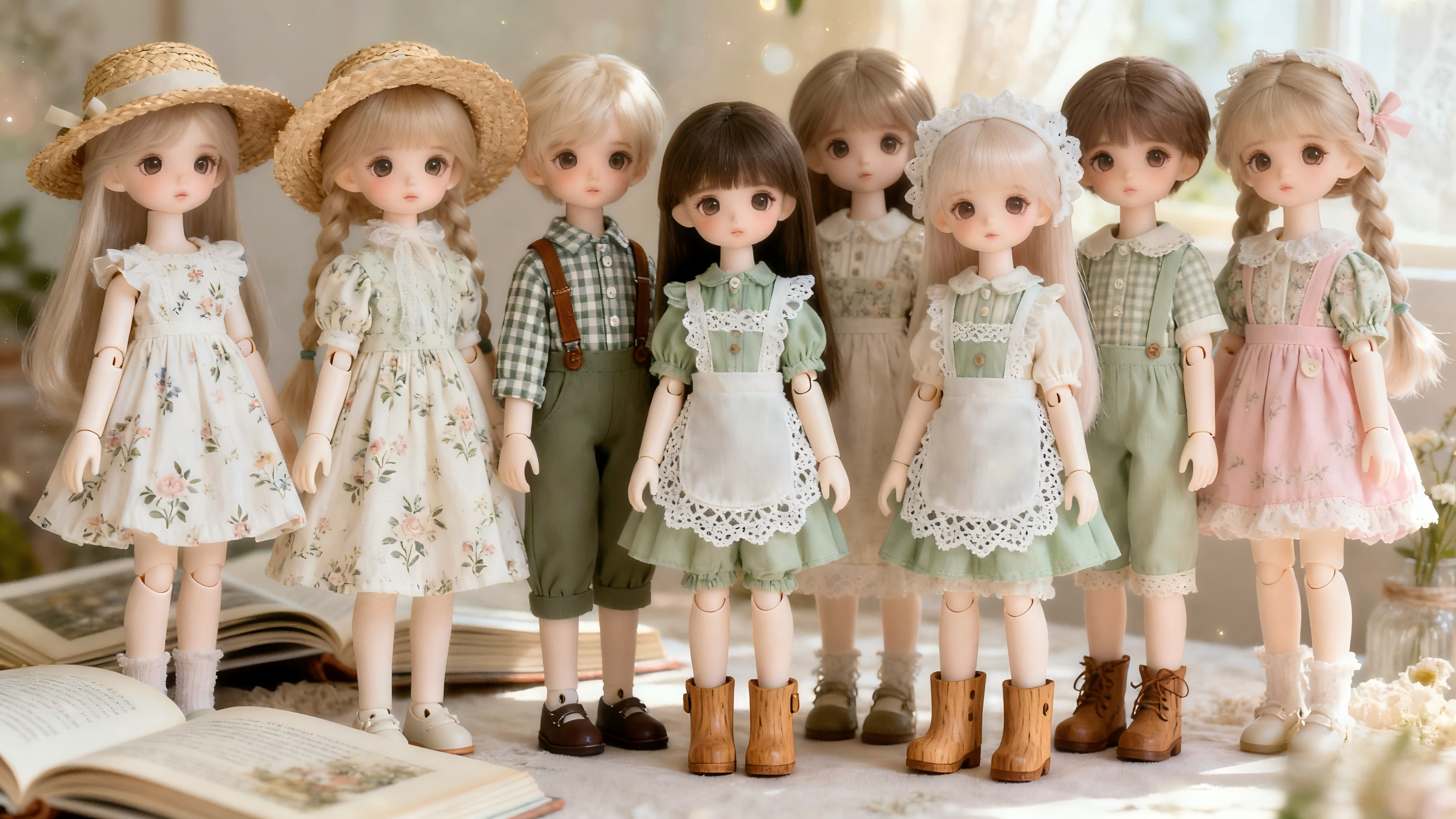 Group of BJDs styled in coordinated cottagecore outfits
