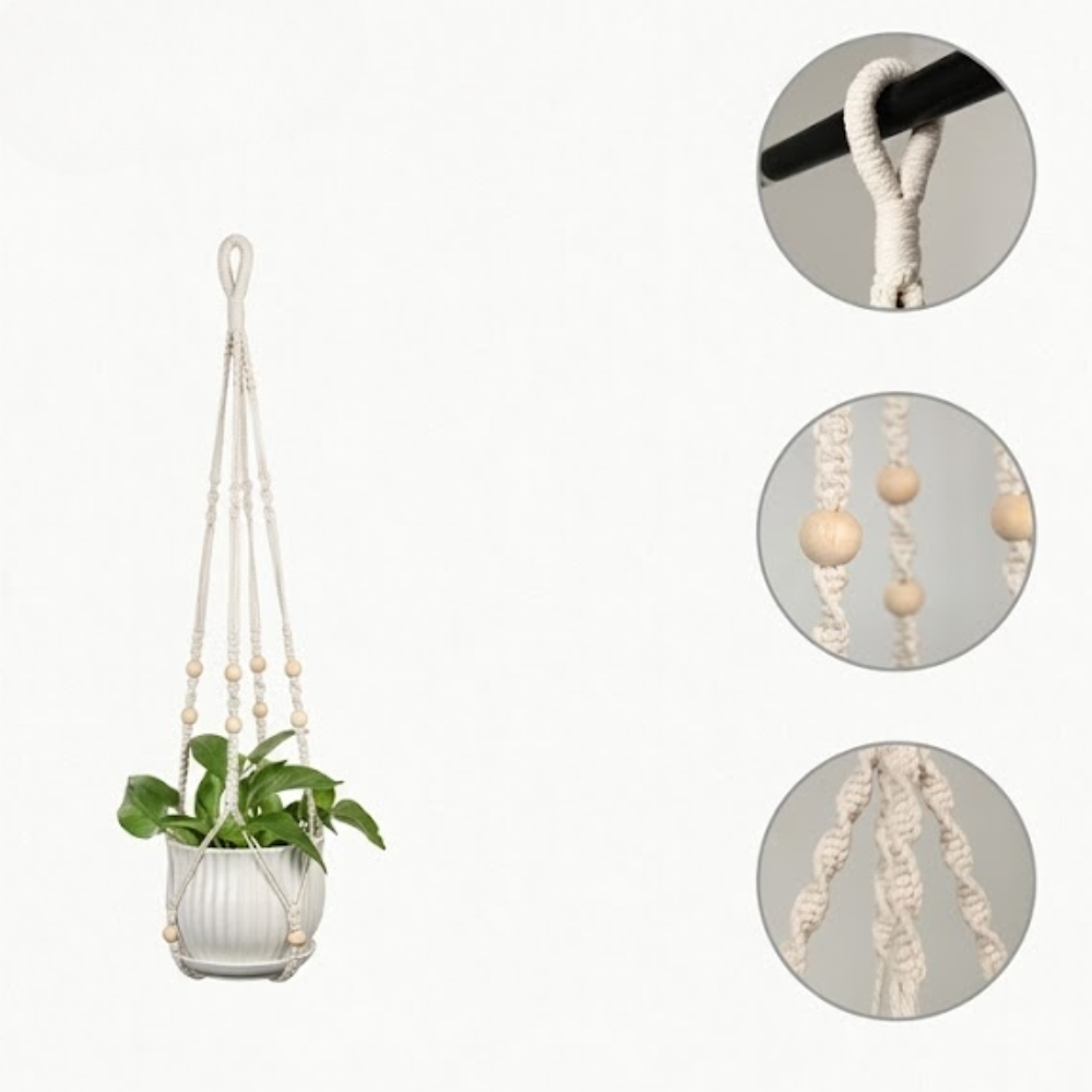 Boho Macrame Wood Bead Decor Plant Hanging Basket For Home Decor