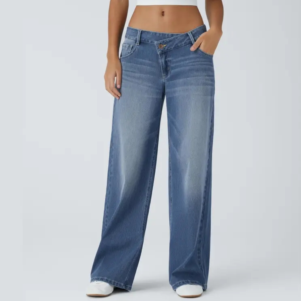 Asymmetric Low Rise Zipper Pockets Baggy Wide Leg Washed Casual Jeans