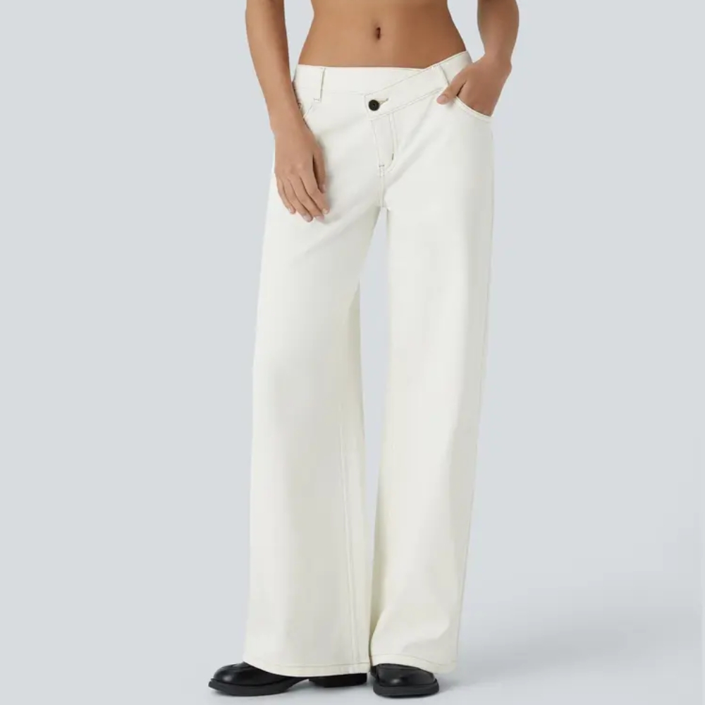 Asymmetric Low Rise Zipper Pockets Baggy Wide Leg Washed Casual Jeans