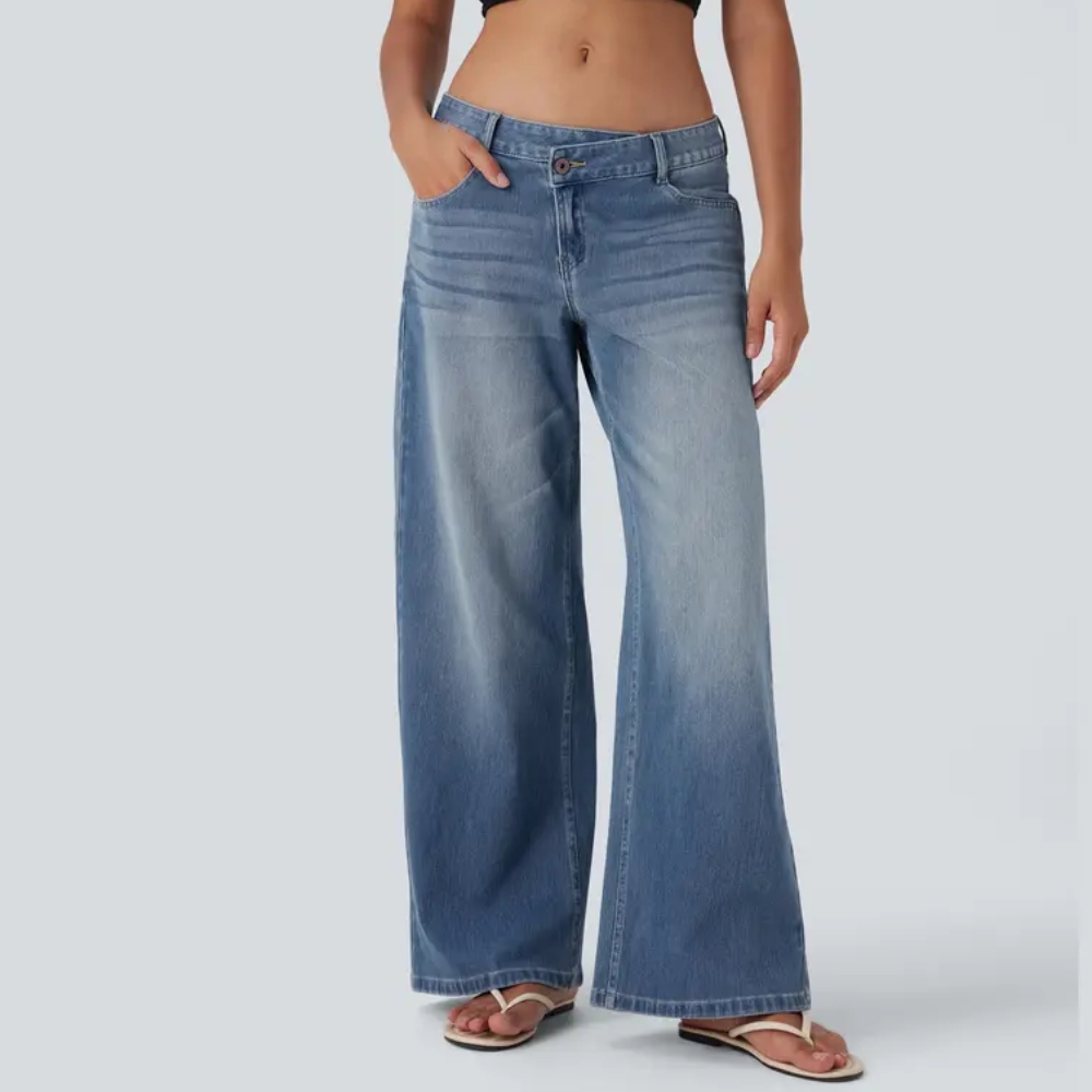Asymmetric Low Rise Zipper Pockets Baggy Wide Leg Washed Casual Jeans