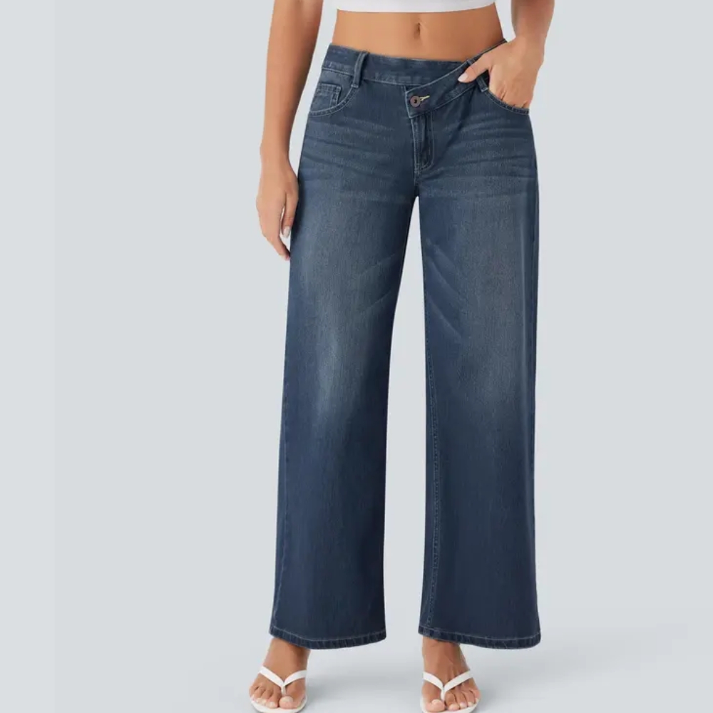 Asymmetric Low Rise Zipper Pockets Baggy Wide Leg Washed Casual Jeans