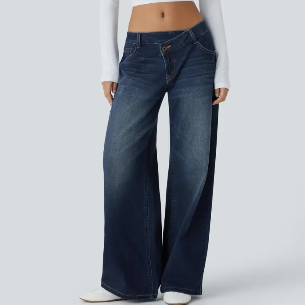 Asymmetric Low Rise Zipper Pockets Baggy Wide Leg Washed Casual Jeans