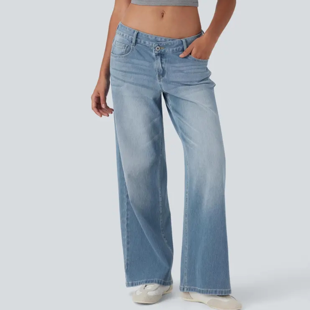 Asymmetric Low Rise Zipper Pockets Baggy Wide Leg Washed Casual Jeans