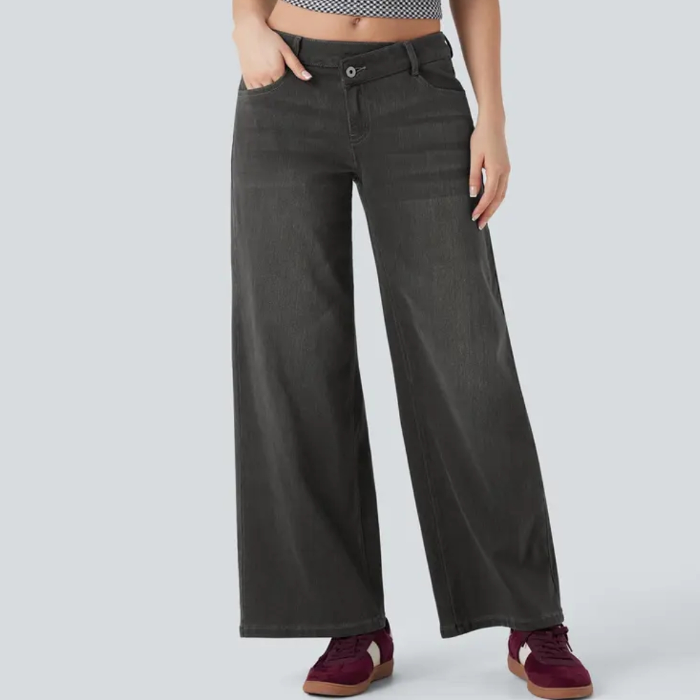 Asymmetric Low Rise Zipper Pockets Baggy Wide Leg Washed Casual Jeans
