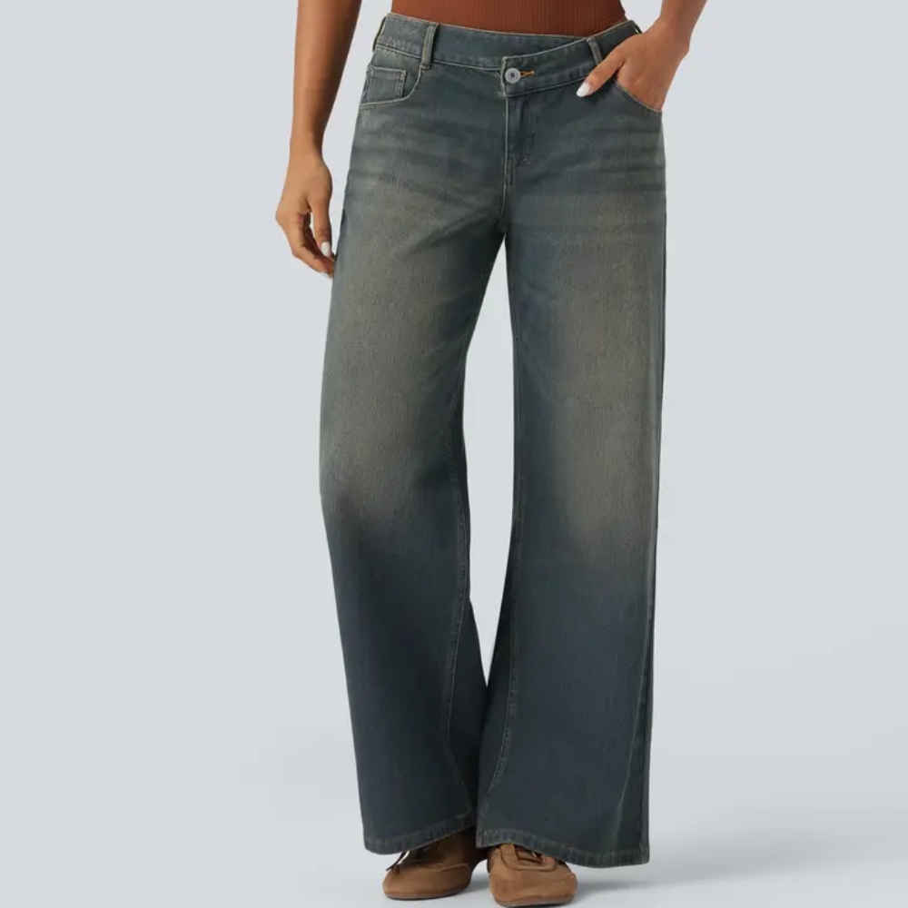 Asymmetric Low Rise Zipper Pockets Baggy Wide Leg Washed Casual Jeans