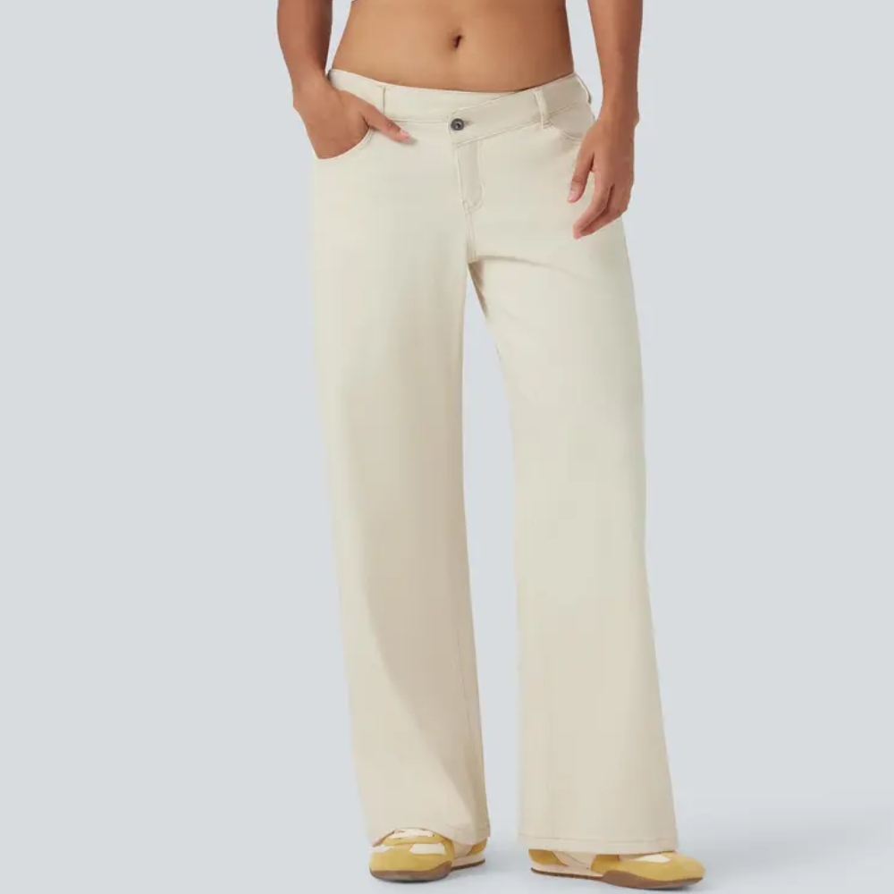 Asymmetric Low Rise Zipper Pockets Baggy Wide Leg Washed Casual Jeans