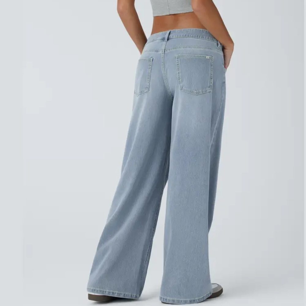 Asymmetric Low Rise Zipper Pockets Baggy Wide Leg Washed Casual Jeans