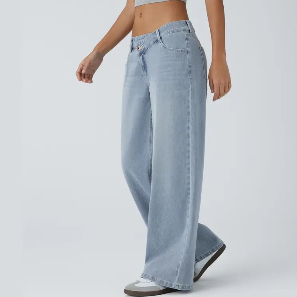 Asymmetric Low Rise Zipper Pockets Baggy Wide Leg Washed Casual Jeans