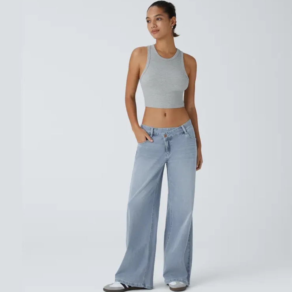 Asymmetric Low Rise Zipper Pockets Baggy Wide Leg Washed Casual Jeans