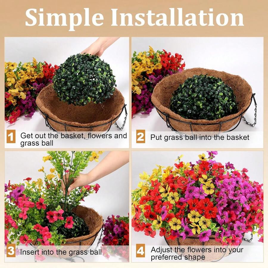 1 Set Artificial Hanging Flowers Basket Outdoor Decor, Fake Plants With Coconut Lining And 3pcs Artificial Butterflies, UV Protected Hanging Planter For Porch Patio Balcony Yard, No Maintenance Home Garden Decor - A (includes Grass Pot + Artificial Flowers + Artificial Butterflies) - View 7