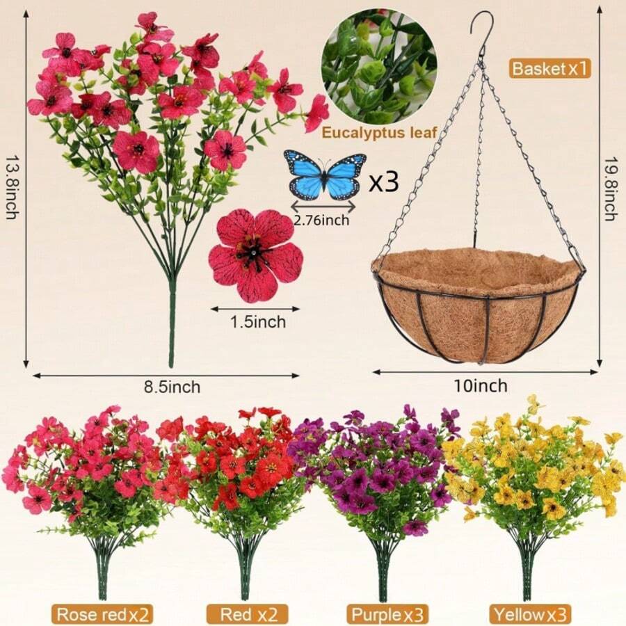 1 Set Artificial Hanging Flowers Basket Outdoor Decor, Fake Plants With Coconut Lining And 3pcs Artificial Butterflies, UV Protected Hanging Planter For Porch Patio Balcony Yard, No Maintenance Home Garden Decor - A (includes Grass Pot + Artificial Flowers + Artificial Butterflies) - View 3