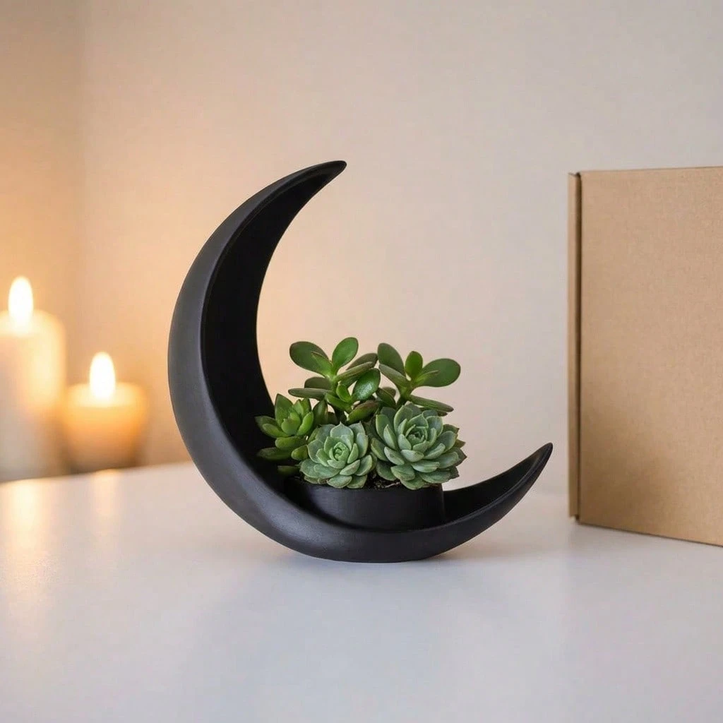 Crescent-Shaped Black Modern Minimalist Succulent Cactus Small Indoor Potted Plant Desktop Decor