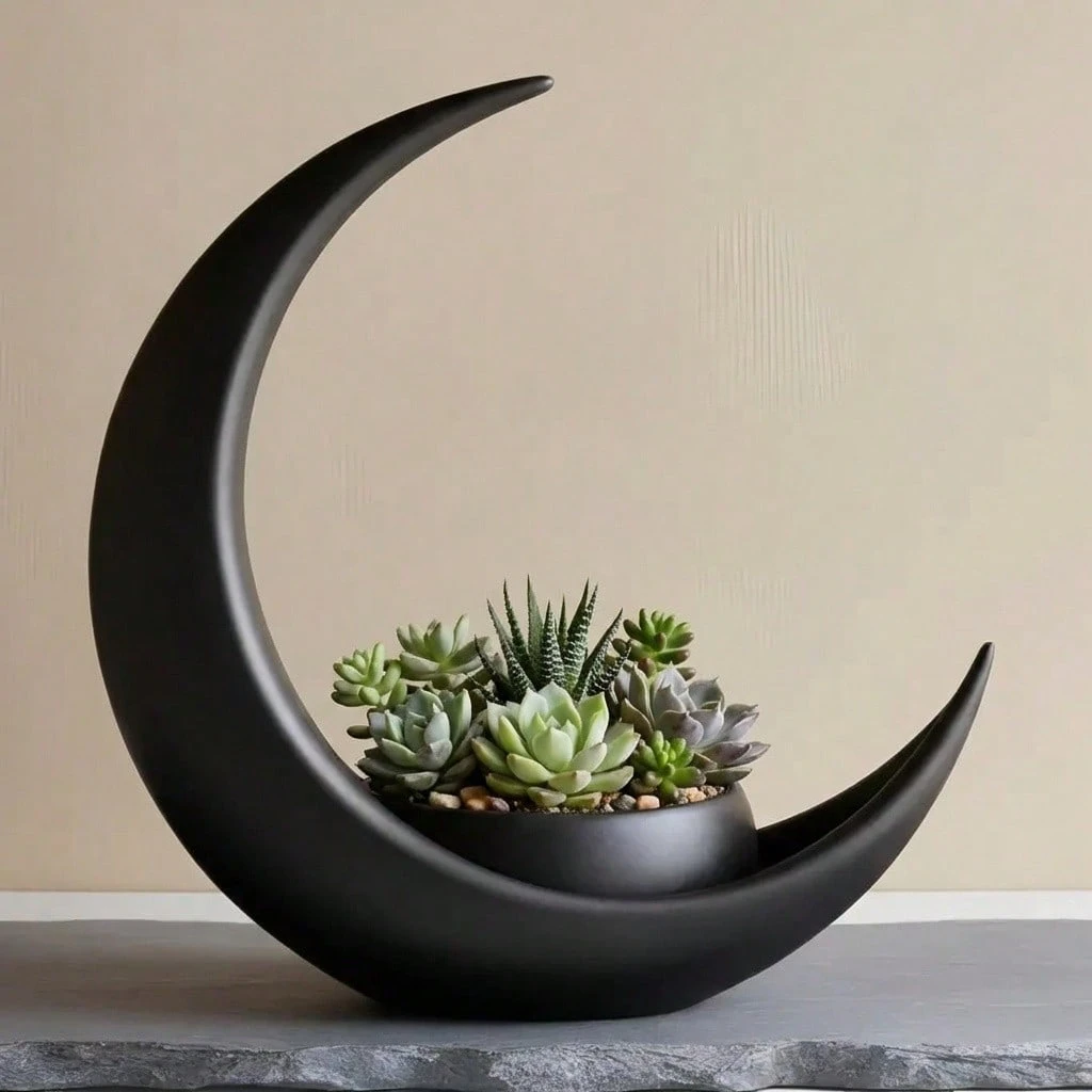 Crescent-Shaped Black Modern Minimalist Succulent Cactus Small Indoor Potted Plant Desktop Decor