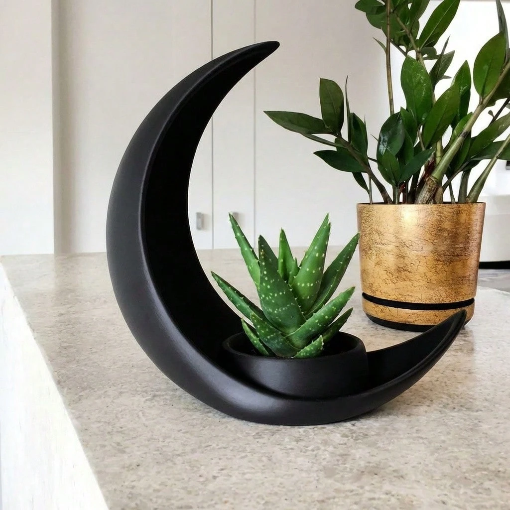 Crescent-Shaped Black Modern Minimalist Succulent Cactus Small Indoor Potted Plant Desktop Decor