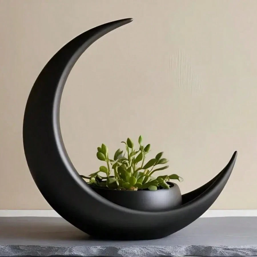 Crescent-Shaped Black Modern Minimalist Succulent Cactus Small Indoor Potted Plant Desktop Decor