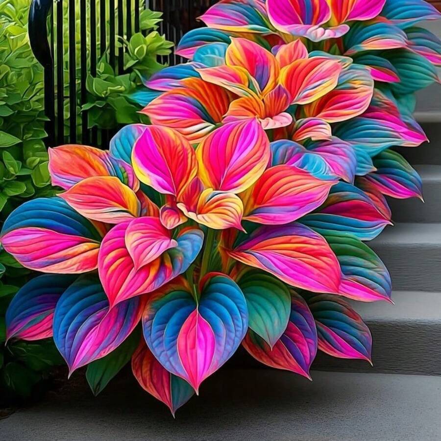 Vibrant hosta plants with rainbow colored leaves