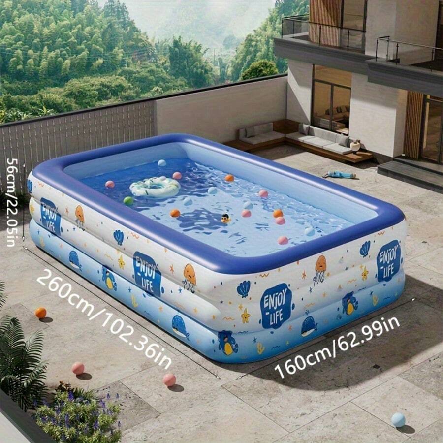 1pc Large Inflatable Swimming Pool, Ocean Design, Cute & Durable PVC Material, Foldable & Portable, Suitable For Family Garden Parties And Backyard Entertainment, 3-Layer Rectangular Pool With Multiple Accessories, Patio Decor Pool - Multicolor - View 6