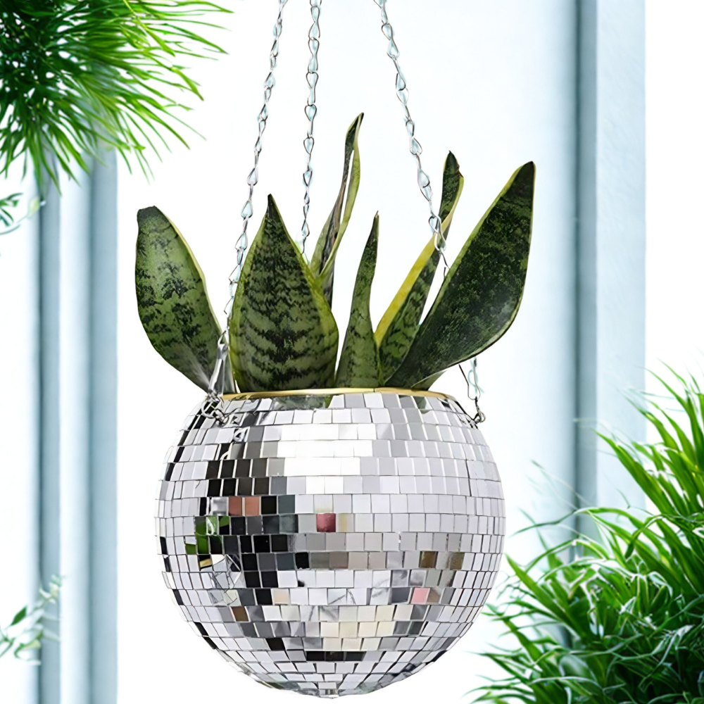 Mirrored Disco Ball Spherical Hanging Flower Planter For Gardening Decor