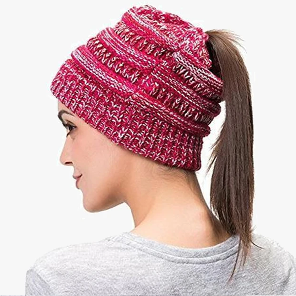 Ponytail Beanie Messy Bun Women's Beanie Solid Ribbed Hat Cap-Viral Super Shop
