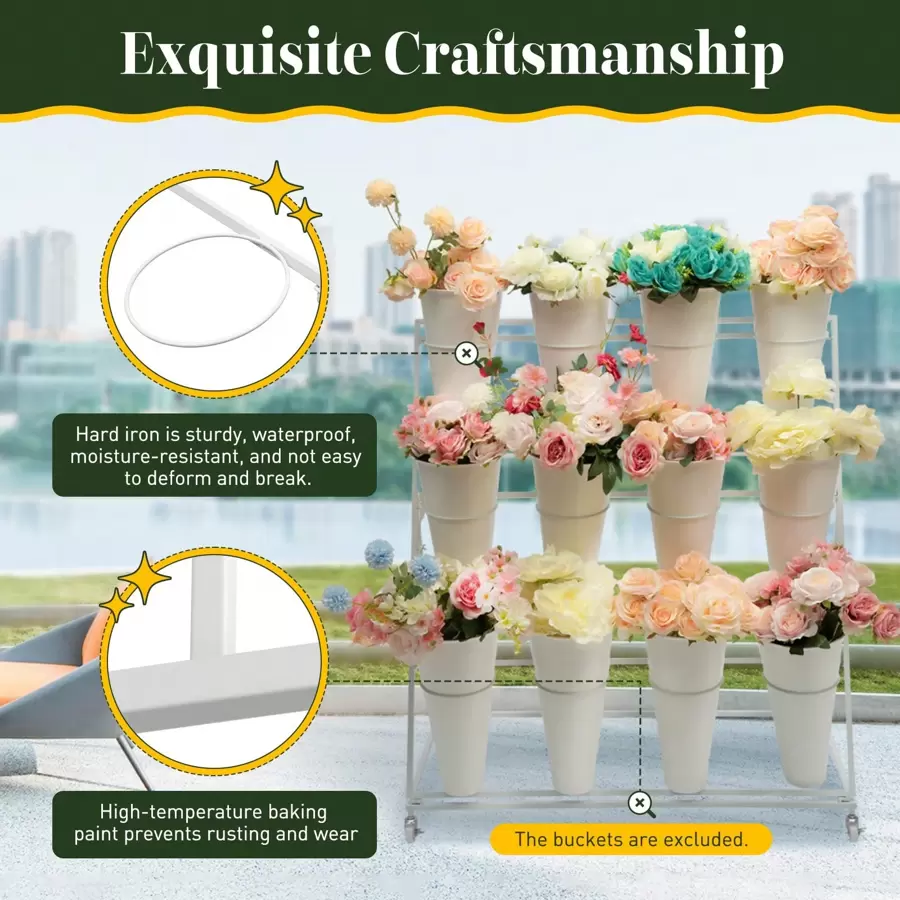 Rainaut Flower Display Stand, 3-Tier Heavy Duty Moving Plant Shelves Flower Display Stand, Allowing For The Placement Of Up To 12 Flower Buckets For Bedroom Balcony Garden Patio Multiple Plants (Flower Bucket Not Included).) - White - View 4