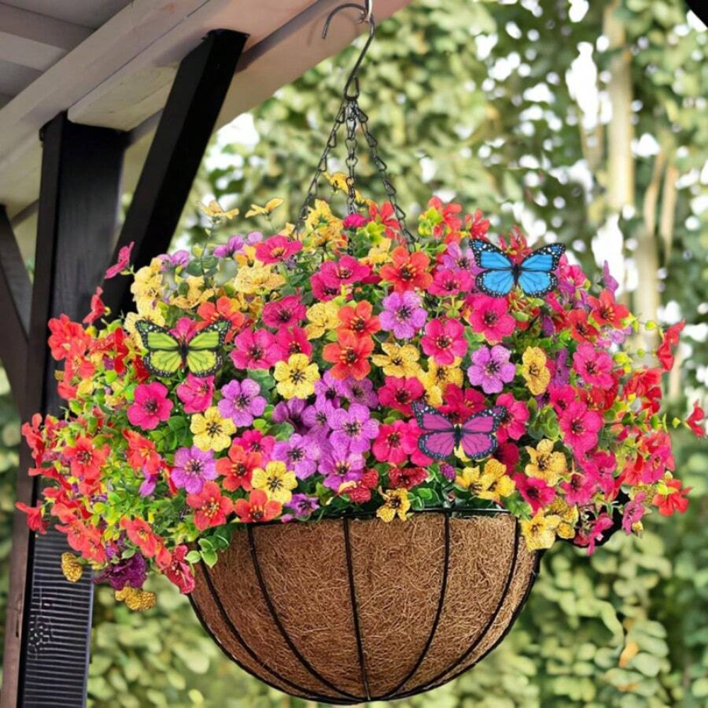 Artificial Hanging Flowers Basket With Coconut Lining And Butterflies For Outdoor Decor