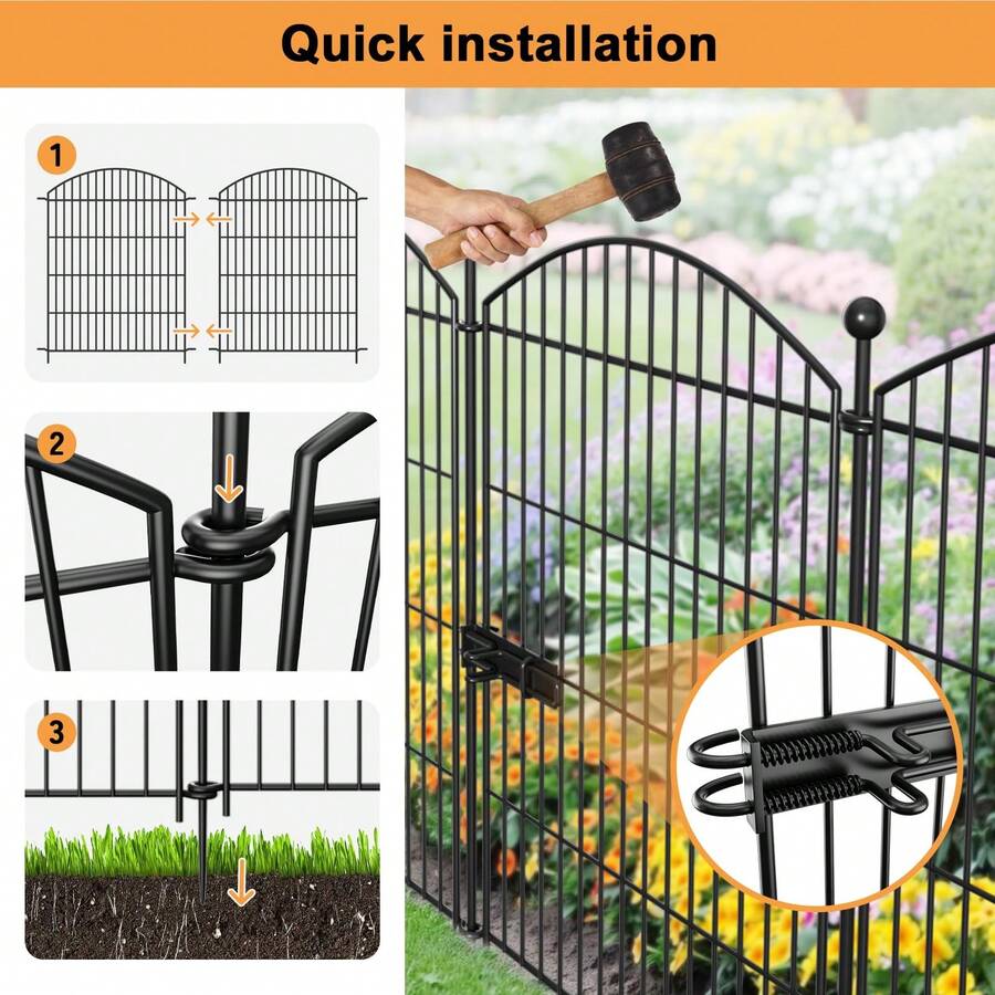 Decorative Garden Fence Animal Barrier With Gate, Dog Rabbit Fencing Arched Rustproof Metal No Dig Pet Outdoor Garden Fence For Yard, Patio, Flower Bed - Black - View 4