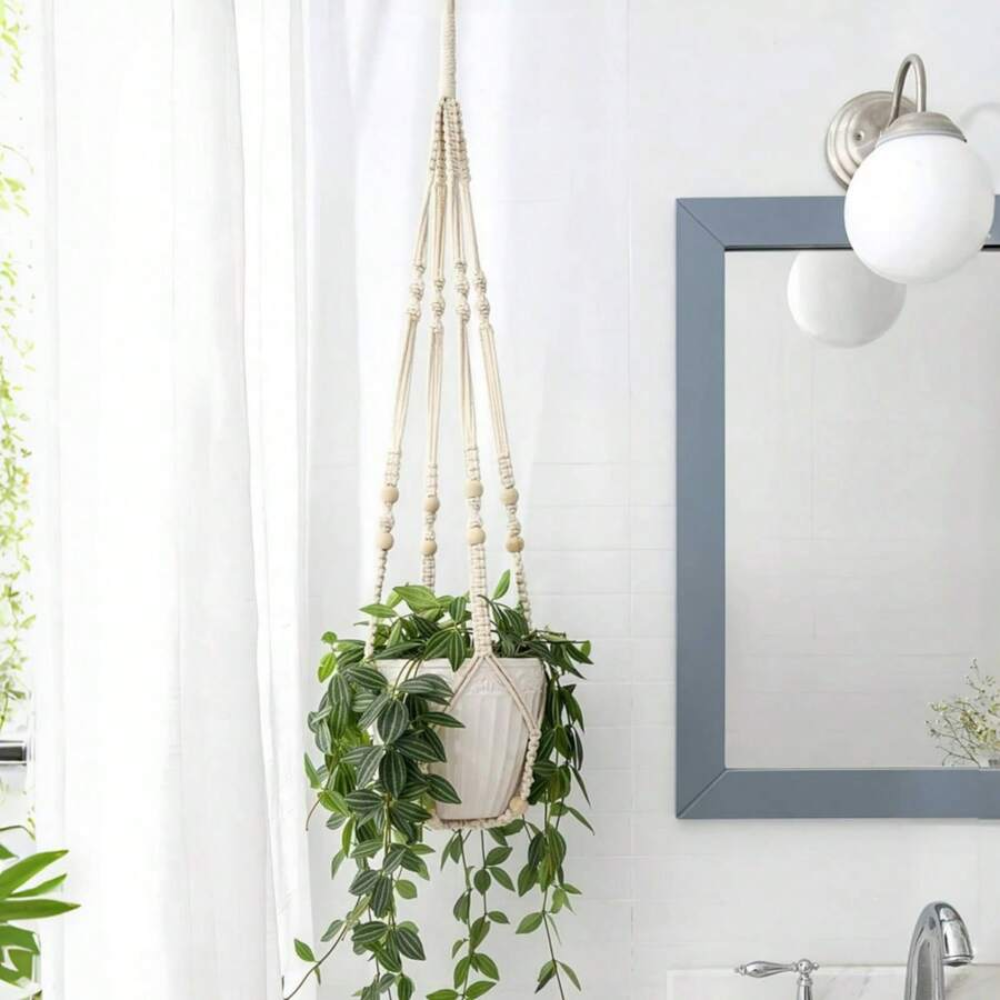 Boho Macrame Wood Bead Decor Plant Hanging Basket For Home Decor
