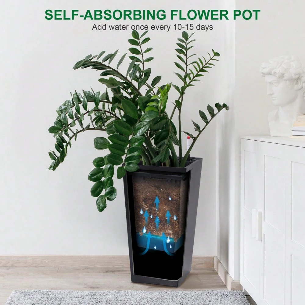 22.5 Inch Tall Planter Set Of 2, Indoor & Outdoor Black Taper Planter With Shelf Insert, Self-Absorbing Plastic Flower Pots, Large Resin Plant Pots For Outdoor Plants And Front Porch Decor - Black - View 6