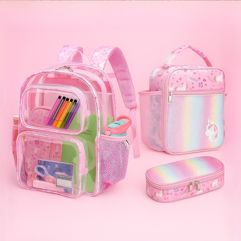 Kids Clear Backpack Lunch Bag and Pencil Case Set
