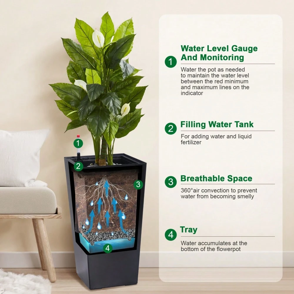 22.5 Inch Tall Planter Set Of 2, Indoor & Outdoor Black Taper Planter With Shelf Insert, Self-Absorbing Plastic Flower Pots, Large Resin Plant Pots For Outdoor Plants And Front Porch Decor - Black - View 3