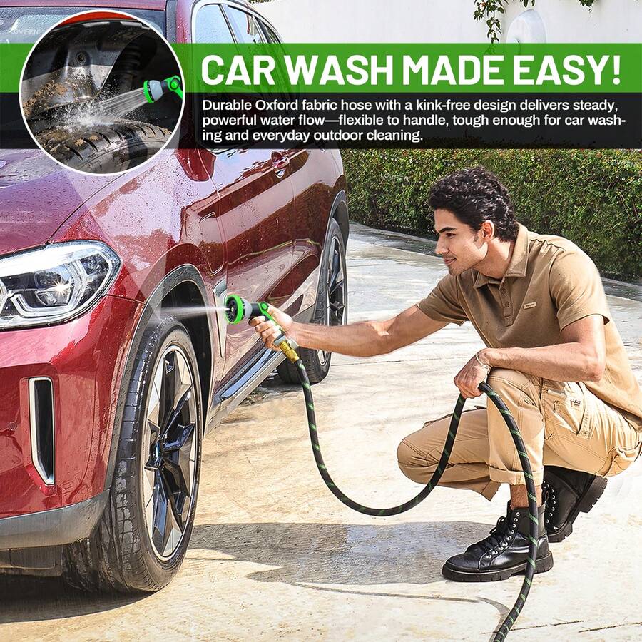 LOVFEN 25/50/75/100FT Braided Garden Hose Set With 10-Function Adjustable Spray Nozzle, Lightweight Flexible Water Hose For Outdoor Garden Irrigation, Patio & Car Cleaning. - Green - View 4
