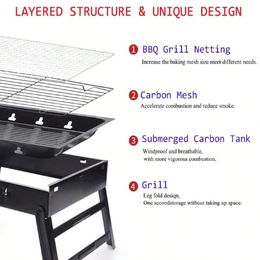 Folding Portable Charcoal Grill, Smoker Stainless Steel BBQ Grill 17.5''*11.5", Small Desk Tabletop Outdoor Barbecue Grill For Camping Picnics Garden Beach Party - Black - View 5