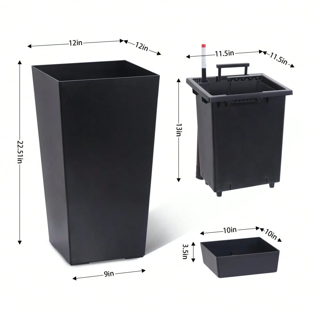 22.5 Inch Tall Planter Set Of 2, Indoor & Outdoor Black Taper Planter With Shelf Insert, Self-Absorbing Plastic Flower Pots, Large Resin Plant Pots For Outdoor Plants And Front Porch Decor - Black - View 4