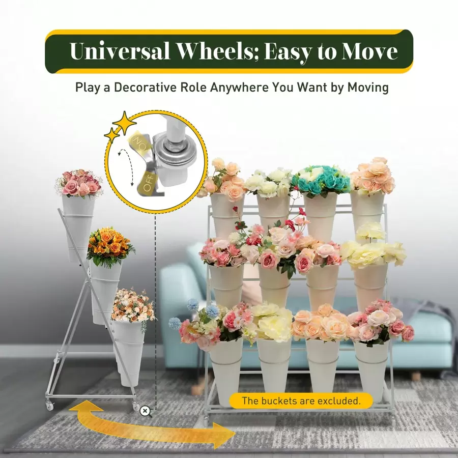 Rainaut Flower Display Stand, 3-Tier Heavy Duty Moving Plant Shelves Flower Display Stand, Allowing For The Placement Of Up To 12 Flower Buckets For Bedroom Balcony Garden Patio Multiple Plants (Flower Bucket Not Included).) - White - View 7