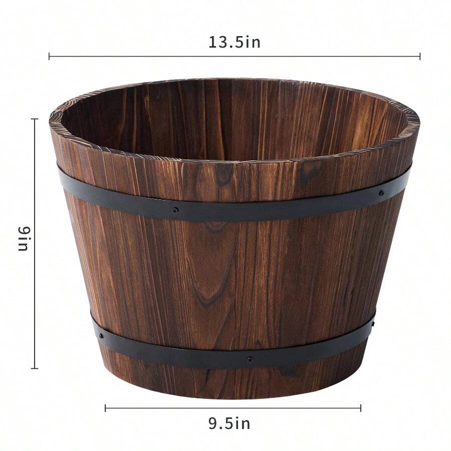 13.5" Wood Whiskey Barrel Planter, Rustic Outdoor Garden Pot With Drainage, Vintage Wooden Flower Planter For Patio & Yard - Default - View 7