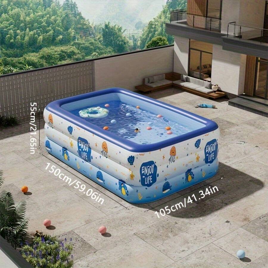 1pc Large Inflatable Swimming Pool, Ocean Design, Cute & Durable PVC Material, Foldable & Portable, Suitable For Family Garden Parties And Backyard Entertainment, 3-Layer Rectangular Pool With Multiple Accessories, Patio Decor Pool - Multicolor - View 9