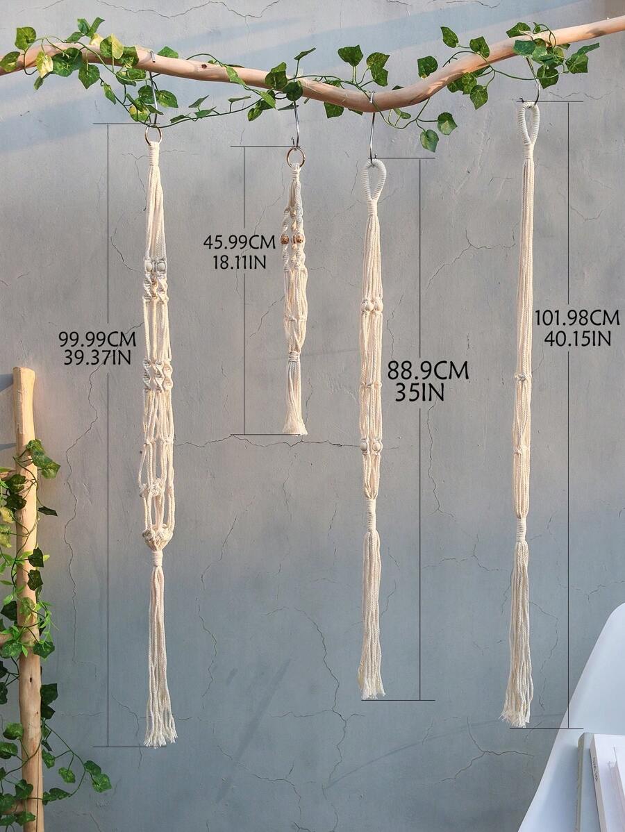 4pcs/Set White Woven Plant Hangers &ndash; 4 Lengths, Minimalist Bead & Tassel Decor, Handmade Rope Hanging Planter Basket Holder For Boho Home & Garden Decor, Outdoor Flower Pot Hanger With Hooks & Wood Beads, Macrame Wall Hanging Kit For Indoor Plants - Beige - View 2