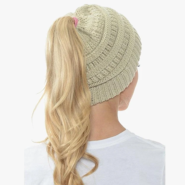 Ponytail Beanie Messy Bun Women's Beanie Solid Ribbed Hat Cap-Viral Super Shop